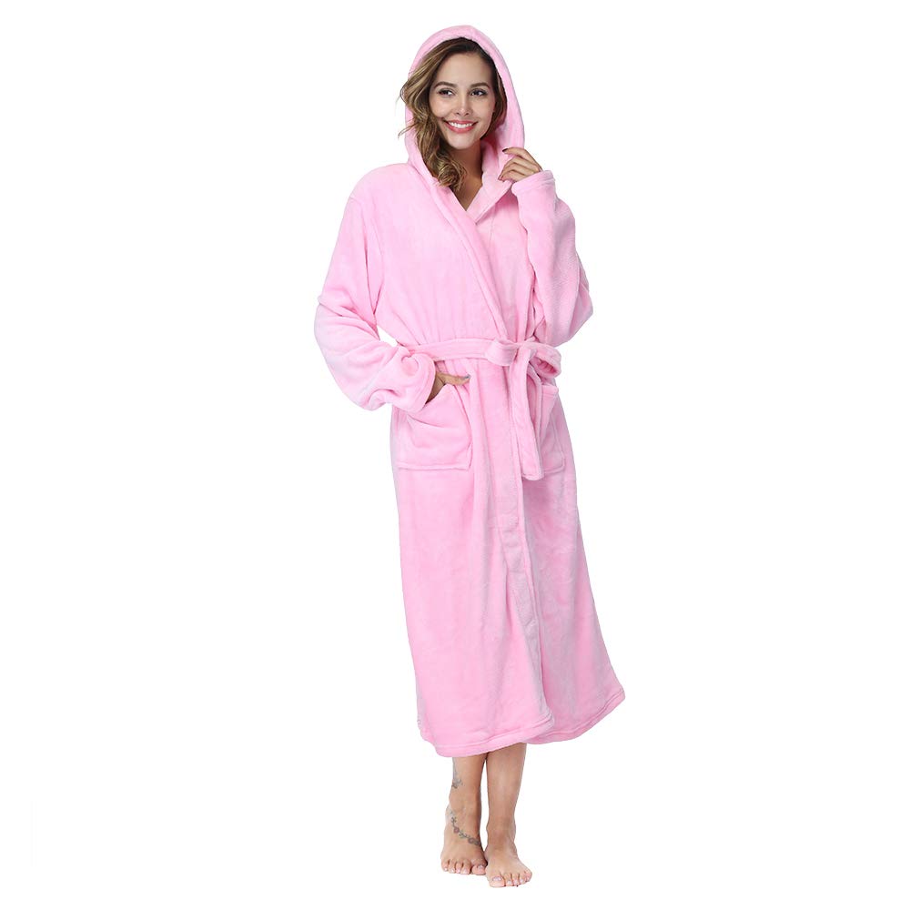 RONGTAI Womens Robes Plush Fleece Pink Hooded Bathrobe Thick Nightgown with Pockets Fluffy Sleepwear Small