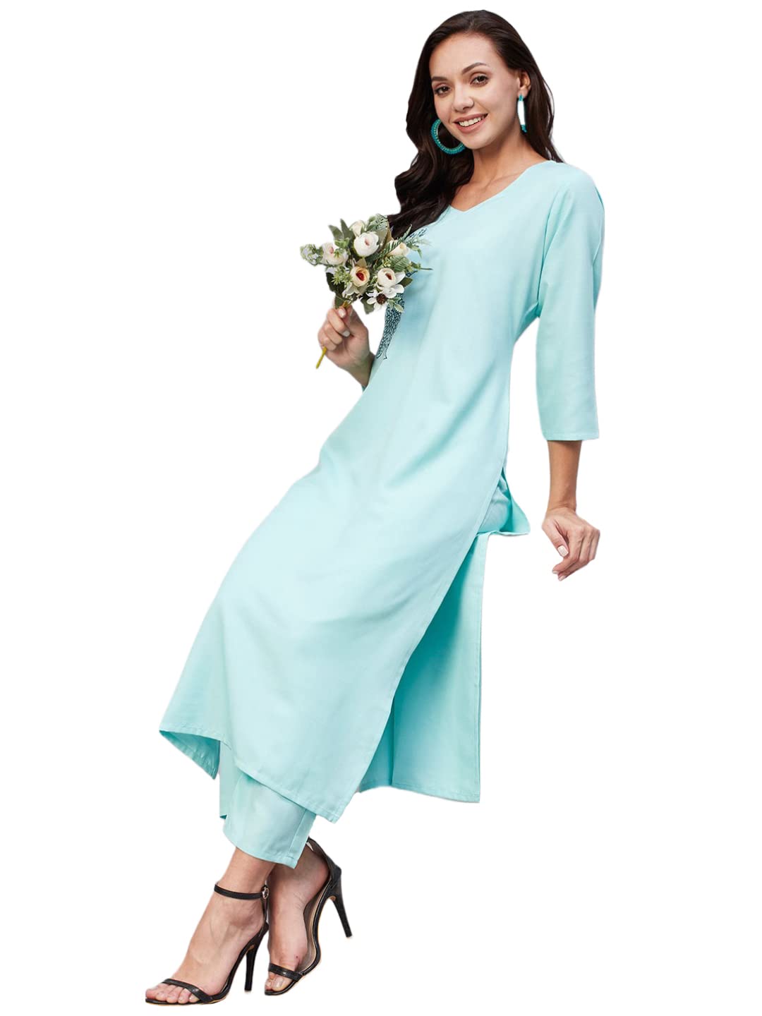 Anni Designer WomenS Cotton Blend Staright Embroidered Kurta With Pant (Miti Light Blue-Nw_M_Light Blue_Medium)