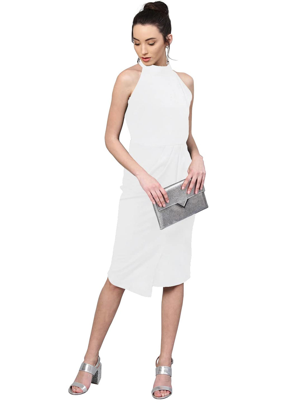 Shasmi WomenS Comfortable White Halter Neck Sleeveless Solid Midi Bodycon Casual Western Stylish Dress For Womens/Midi Dress Fo