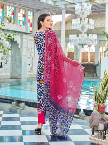 ANNI DESIGNER Womens Cotton Blend Straight Printed Kurta with Pant & Dupatta (Khara Blue-NDS_M_Blue_Medium)