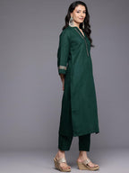Varanga WomenS Green Mandarin Collar Thread Embroidered With Pleate Deatialing Kurta Paired With Bottom