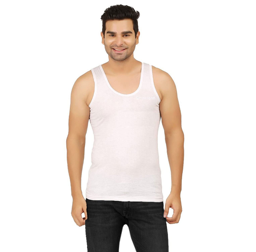 PRAKASAM COTTON Mens Combed Cotton Round Neck Sleeveless White Vest with Extended Length for Easy Tuck (Platinum) Pack of 3