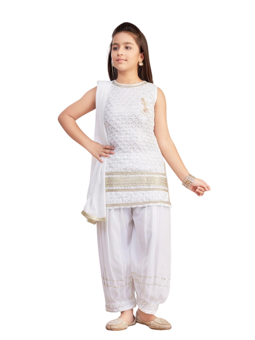 Aarika Girls Ethnic Wear White Colour Sequin Embroidery/Lace Work Georgette Kurti Patiala Set with Dupatta-(3-13 Years)-(PT-1801