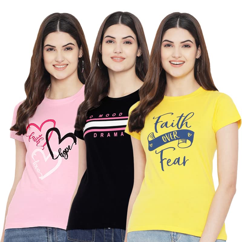 Preneum Womens Cotton Regular Fit Latest Graphic Stylish Printed Short Sleeves Casual T-Shirt || Trend & Style (Pack 3), Pink &
