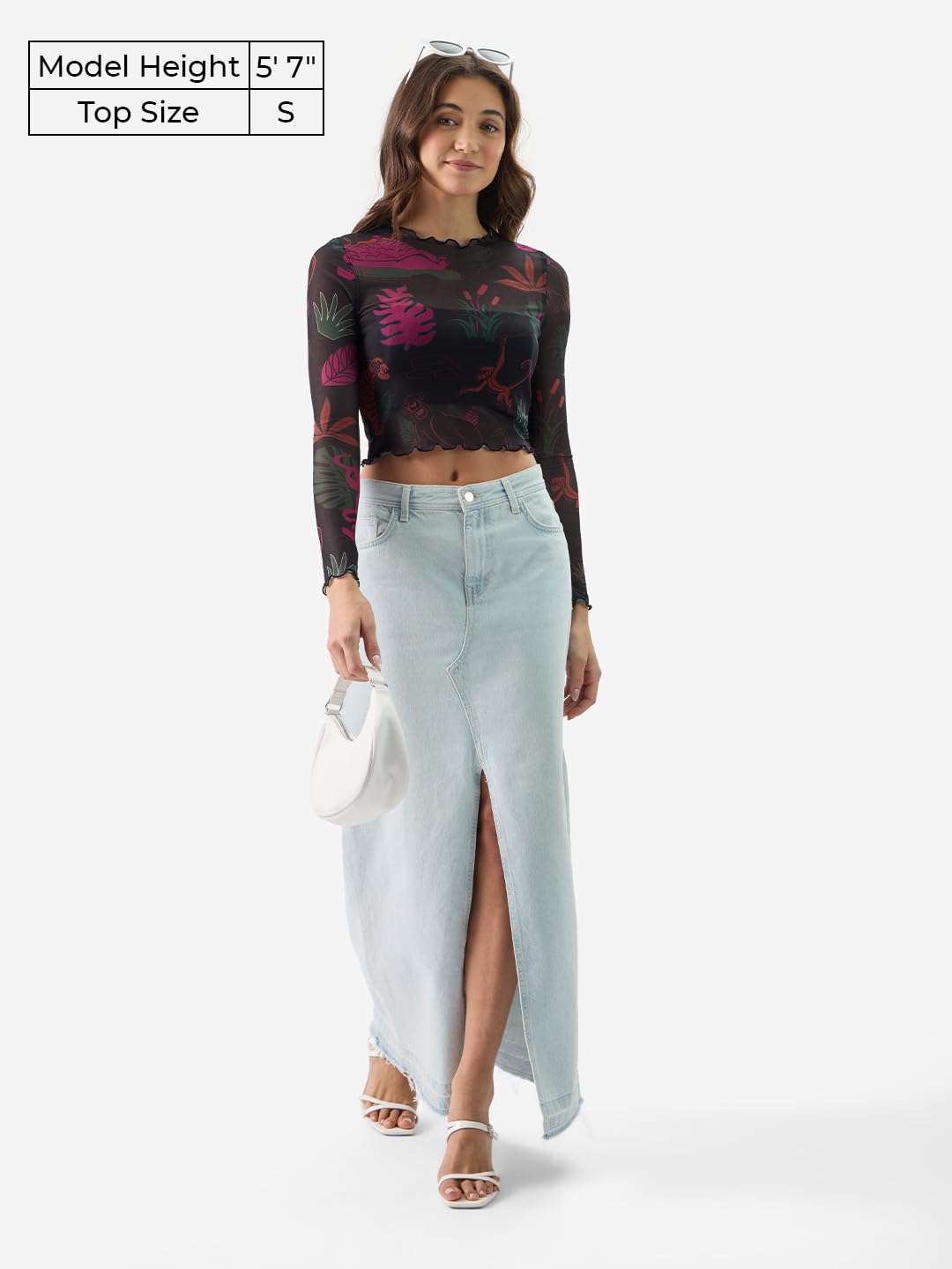 The Souled Store Official Mowgli & Friends Women and Girls Round Neck Full Sleeve Slim Fit Mesh Cropped Tops Black