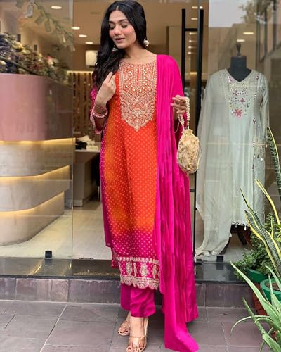 ANNI DESIGNER Womens Rayon Blend Straight Embroidered Kurta with Pant & Dupatta (Lasivan Pink_XL_Pink_X-Large)