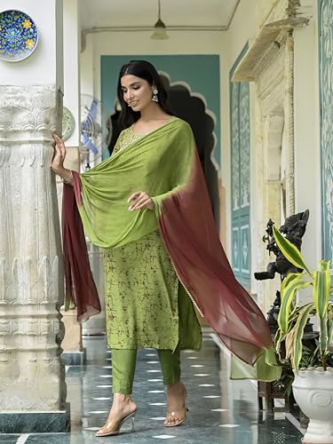 ANNI DESIGNER Womens Cotton Blend Straight Printed Kurta with Pant & Dupatta (Kajal Mehandi_S_Green_Small)