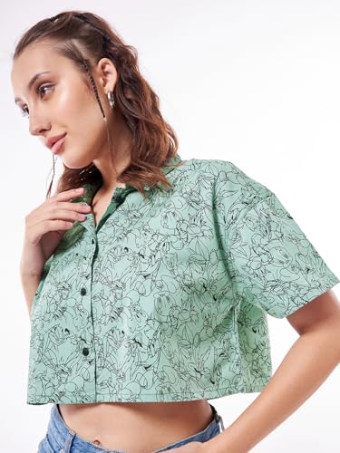 Bewakoof Official Looney Tunes Merchandise Womens All Over Printed Oversized Fit Half Sleeve Collared Cotton Crop Shirt_628170_