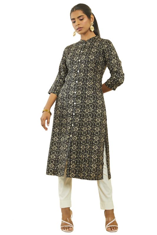 Soch Women Rayon Ikat Print Straight Kurta with Front Button-Placket