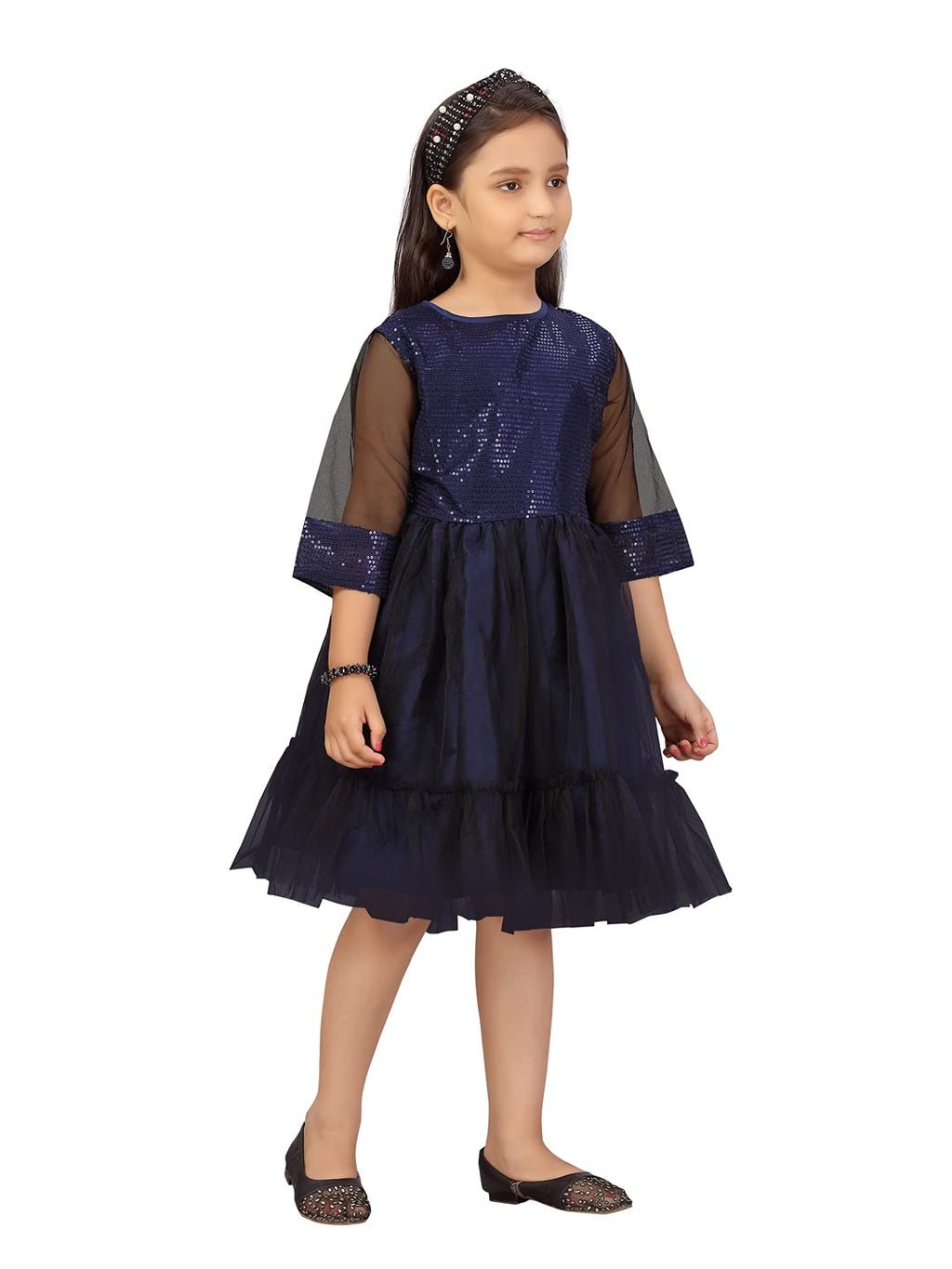 Aarika Girls Net Fit and Flare Knee-Length Dress (JN_FK-21911_Navy Blue