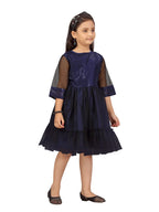 Aarika Girls Net Fit and Flare Knee-Length Dress (JN_FK-21911_Navy Blue