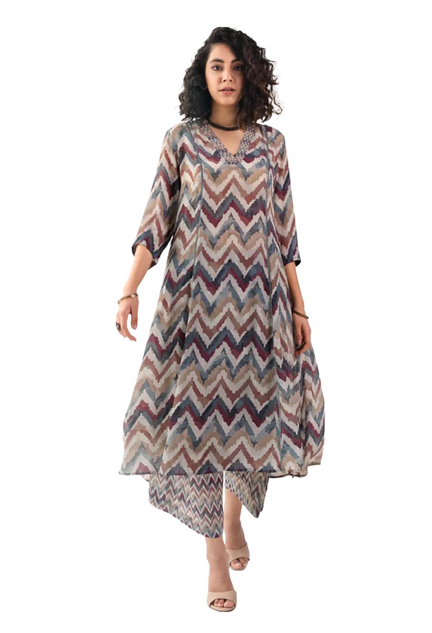 Toochki Womens Multi Color Zig Zag Printed Rayon Stitched Co-Ord Set | Relaxed Fit for Women | Two Piece Set Top & Plazzo | 3/4