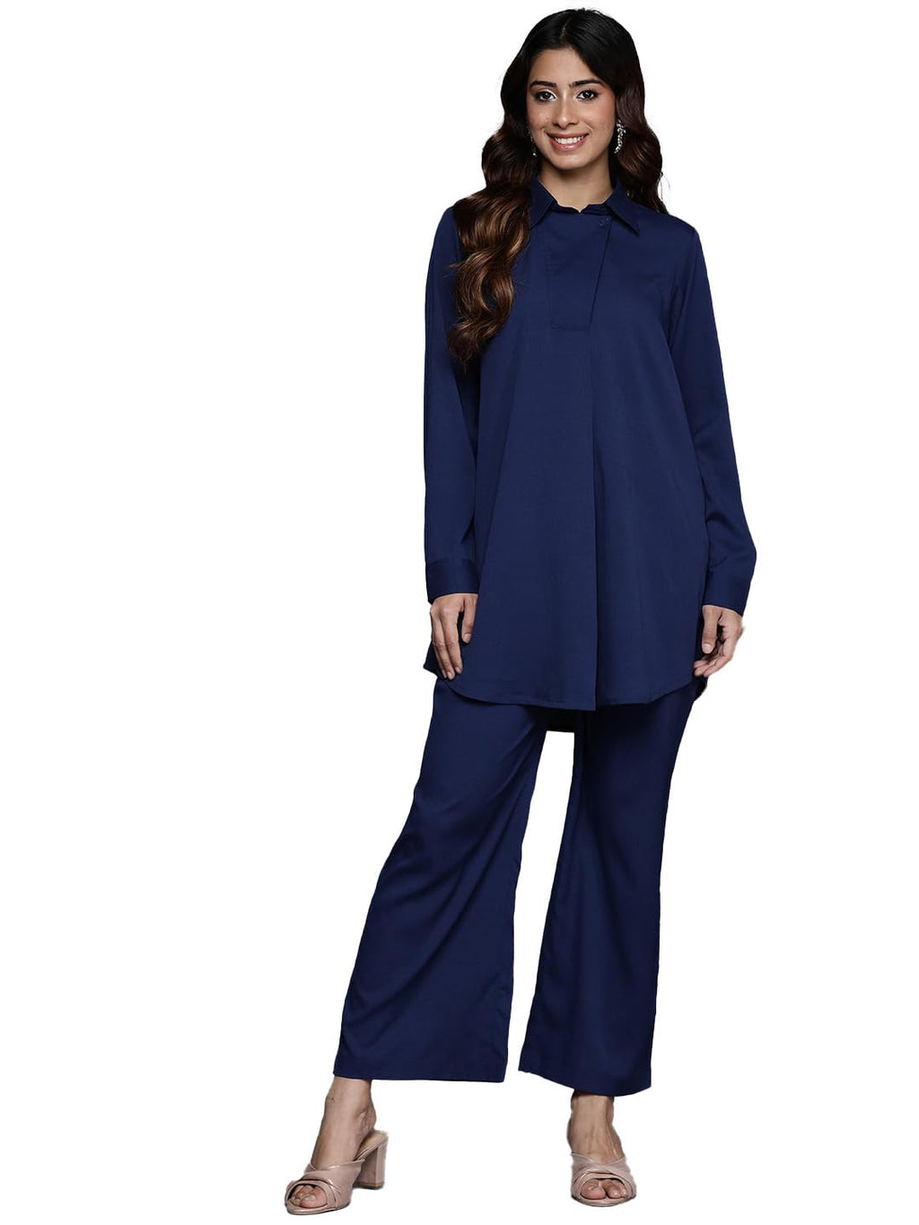Varanga Women Blue Shirt Collar Co-Ord Set