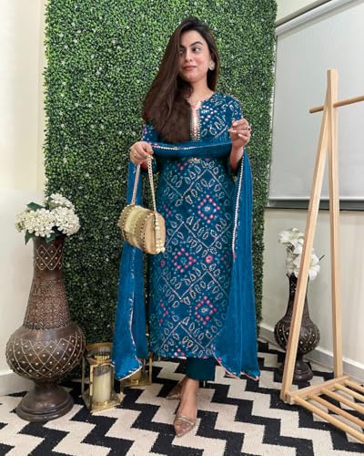 ANNI DESIGNER Womens Rayon Blend Straight Printed Kurta with Pant & Dupatta (TURAE Cerosin_XXL_Dark Blue_XX-Large)