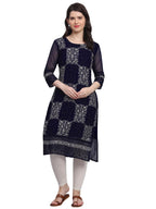 VAIRAGEE Womens Georgette Straight Cut Round Neck Kurta with Beautiful Lucknowi Chickenkari Work (1605) Navy Blue