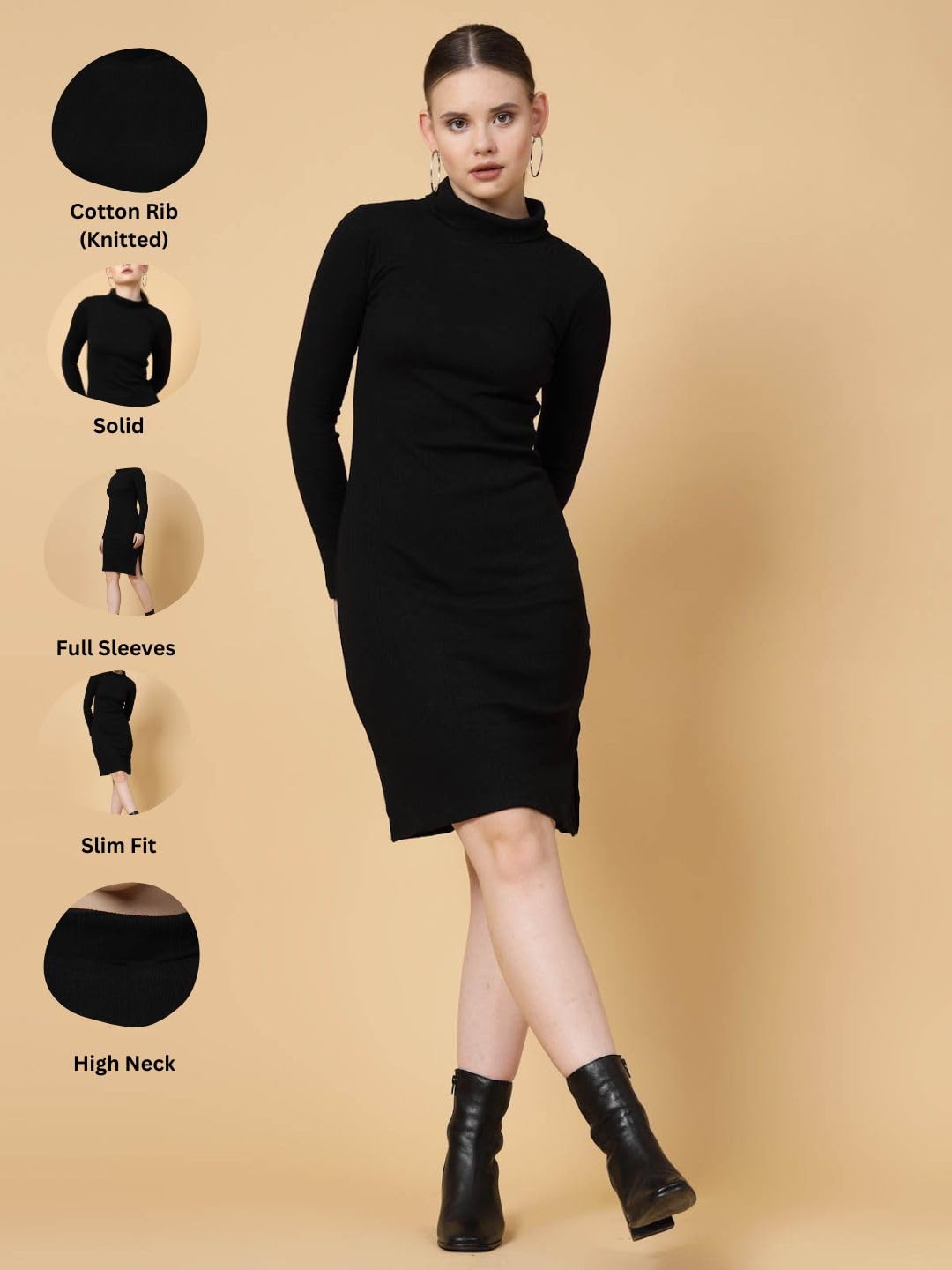 Rigo Cotton Bodycon Midi Dress For Women | Slim Fit Full Sleeves WomenS One Piece Dress | Casual | Party | Western Midi Dress F