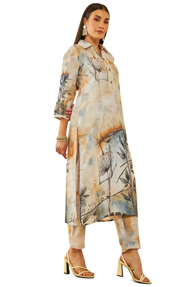 Soch Womens Beige Poly Linen Abstract Print Co-Ord Set With Faux Mirror