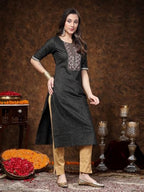 Stylum Womens Woven Design & Embroidered Lurex Cotton Straight Kurta Black