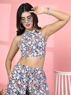 OOMPH! Halter Neck Crepe Crop Top, Blue, mt1006