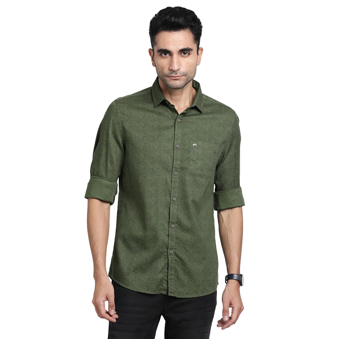 Turtle Men 100% Cotton Slim Fit Dark Green Printed Casual Shirt