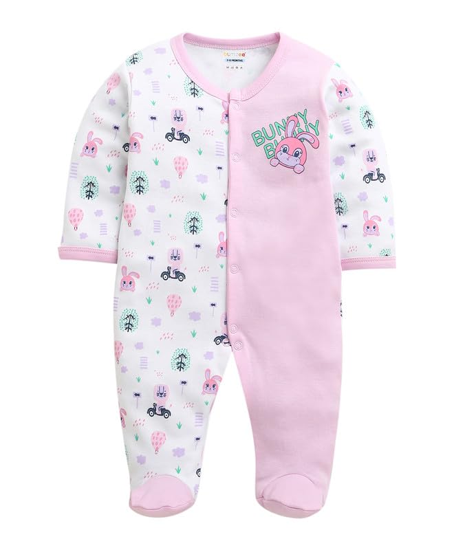 Bumzee Girls Cotton Full Sleeves Sleepsuit White & Lilac - New Born (Peb10921A-Wht)