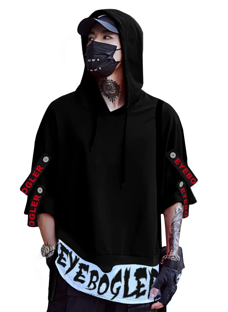Eyebogler Mens Loose Fit Half Sleeves Hooded Neck Printed T-Shirt Black White