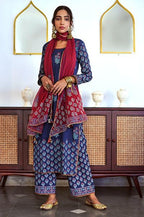 ANNI DESIGNER Womens Rayon Blend Straight Printed Kurta with Pant & Dupatta (MASUMI Blue_M_Blue_Medium)