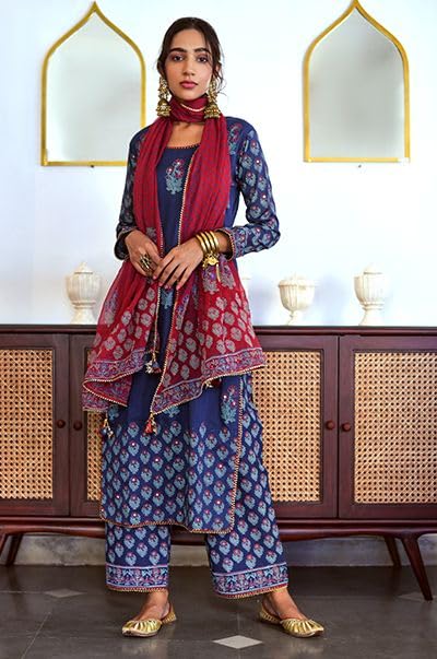 ANNI DESIGNER Womens Rayon Blend Straight Printed Kurta with Pant & Dupatta (MASUMI Blue_M_Blue_Medium)