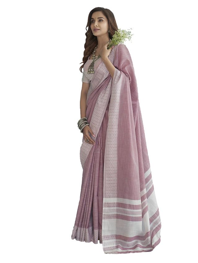 Satrani Womens Cotton Self Woven Saree with Unstitched Blouse Piece (3095S732N_Light Pink & White)
