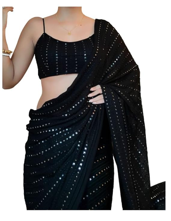 Flosive Womens Thread Sequence Work Georgette Saree With Blouse (BLACK)