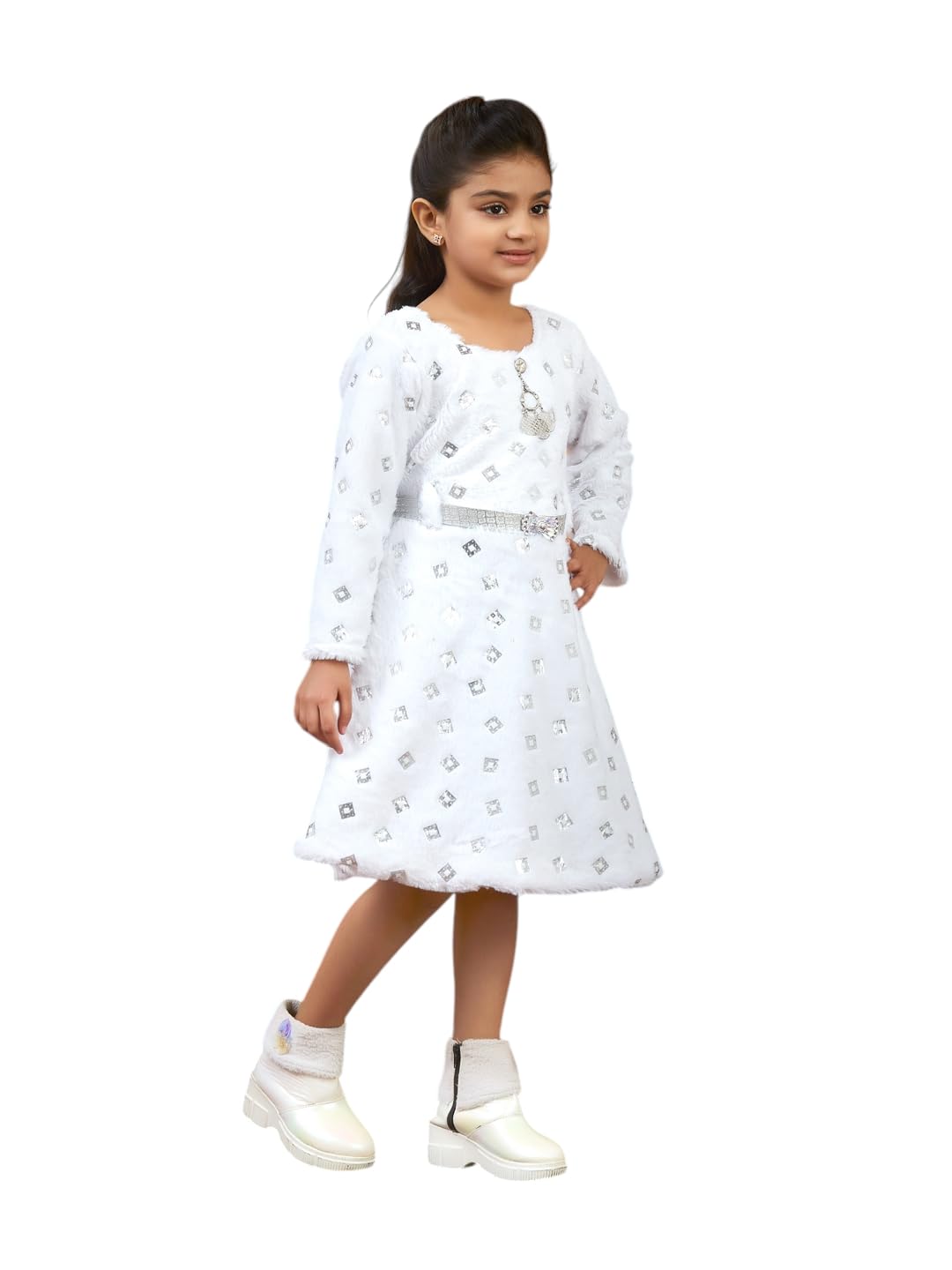 Aarika Girls White Colour Foil Print Winter Woolen Dress with Belt-(3-9 Years)-(OCT_NEW-DR-10364-WHITE-26)