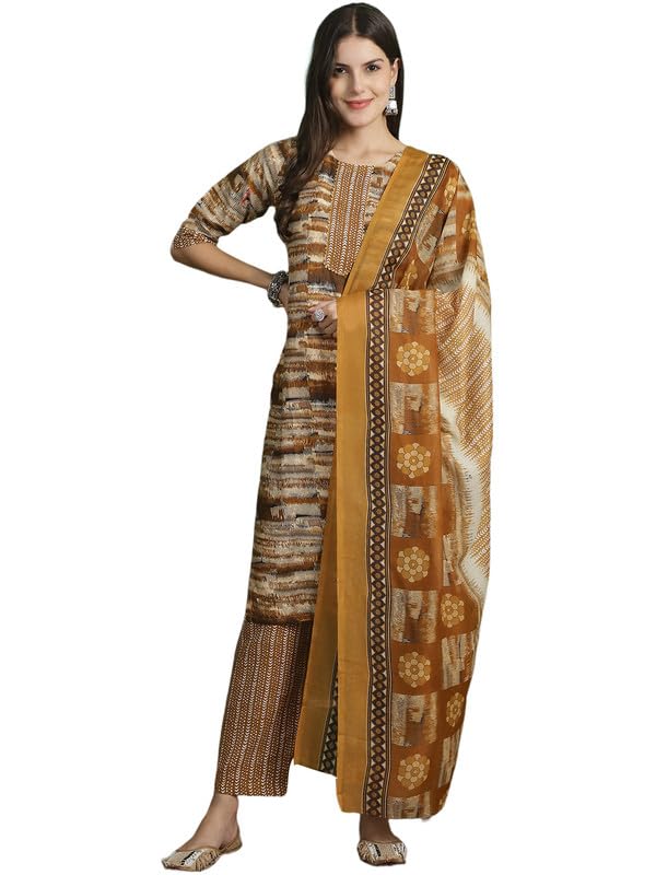 Pinkmint Women Kurta & Pant With Duppatta Set Cotton Straight Printed 3/4 Sleeve Kurti'S Coffee