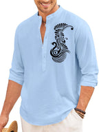 Finivo Fashion MenS Printed Cotton Blend Short Kurta With Artistic Chest Design | Stylish Full Sleeve Casual Kurta With Mandarin