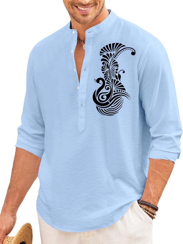 Finivo Fashion MenS Printed Cotton Blend Short Kurta With Artistic Chest Design | Stylish Full Sleeve Casual Kurta With Mandarin