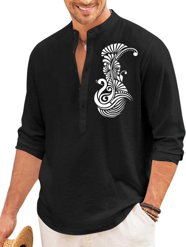 Finivo Fashion MenS Printed Cotton Blend Short Kurta With Artistic Chest Design | Stylish Full Sleeve Casual Kurta With Mandarin