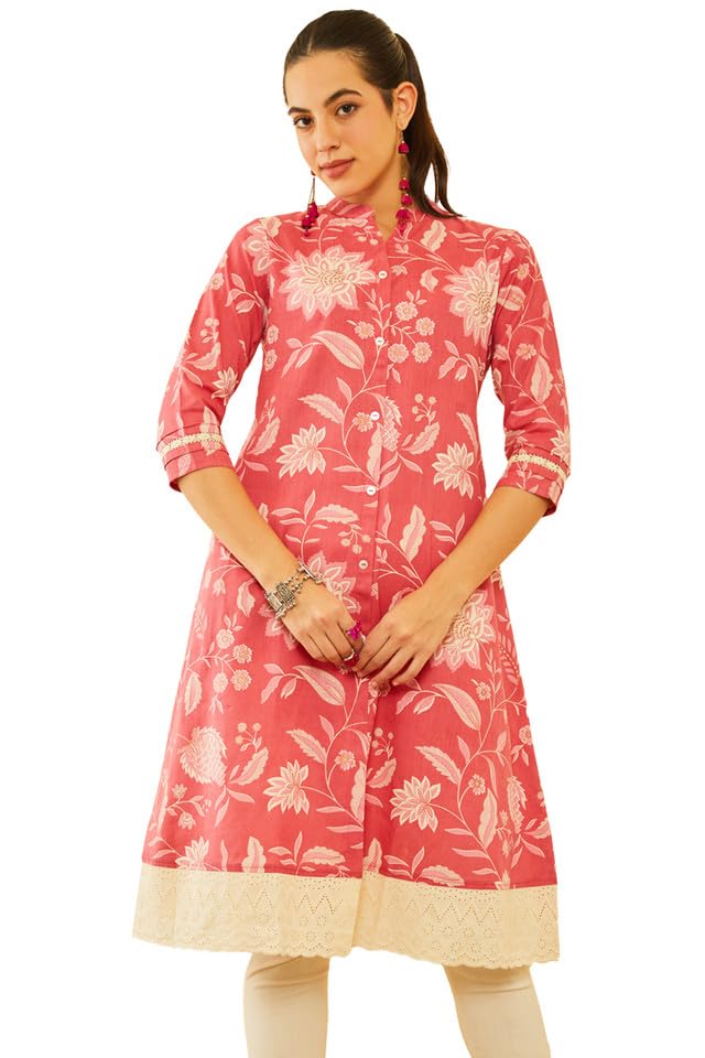 Soch Womens Peach-Coloured Cotton Floral Printed A-Line Kurta