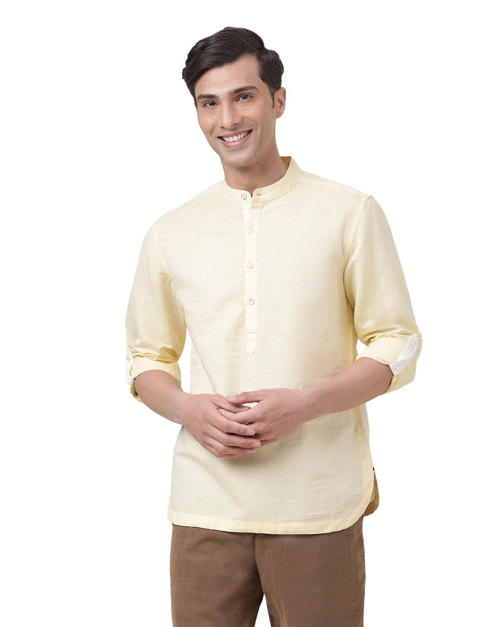 Fabindia Yellow Linen Blend Shirt, Slim Fit, Mid Placket, Mens Casual Style (in, Alpha, XS, Yellow)