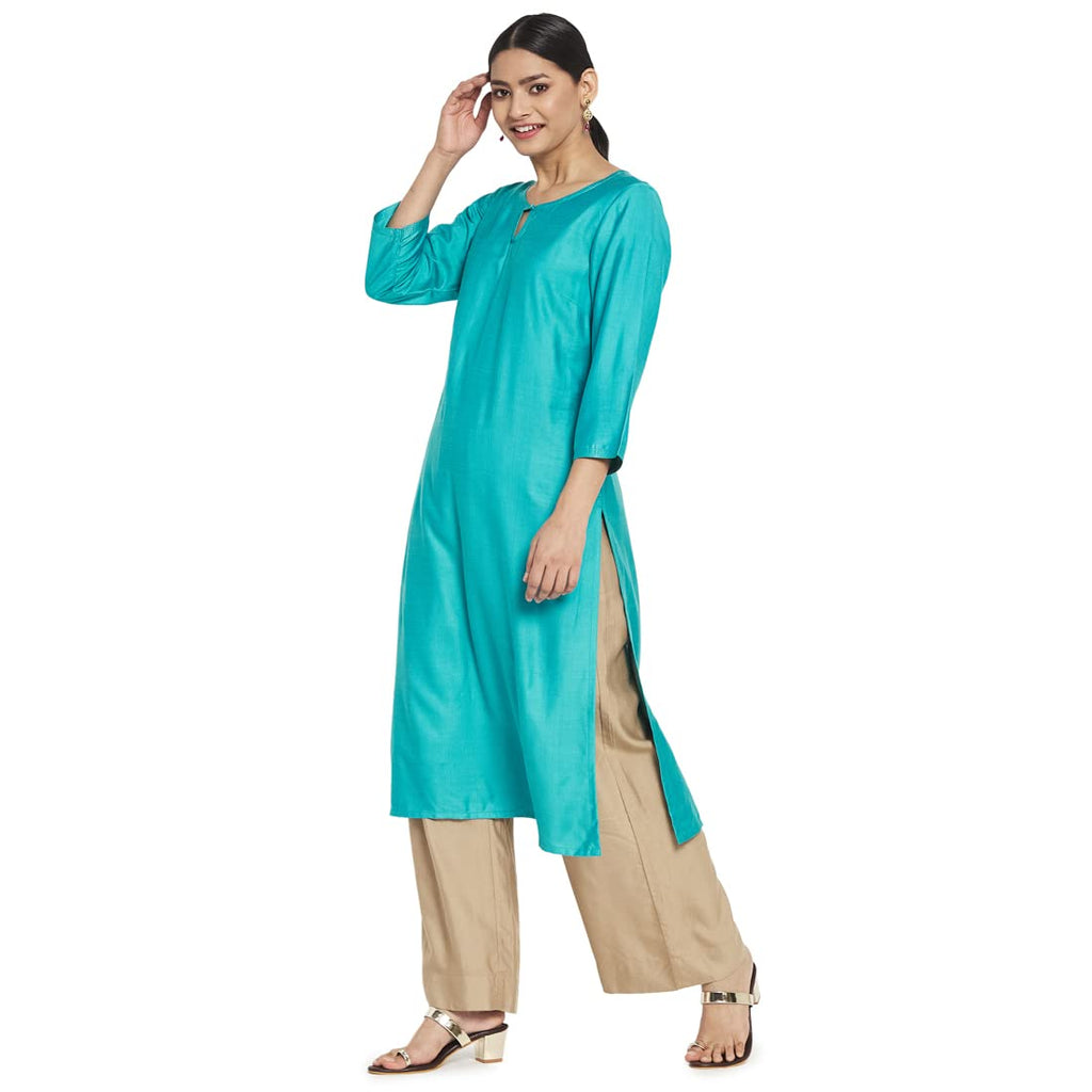 Fabindia Women Viscose Silk Long Kurta Turquoise