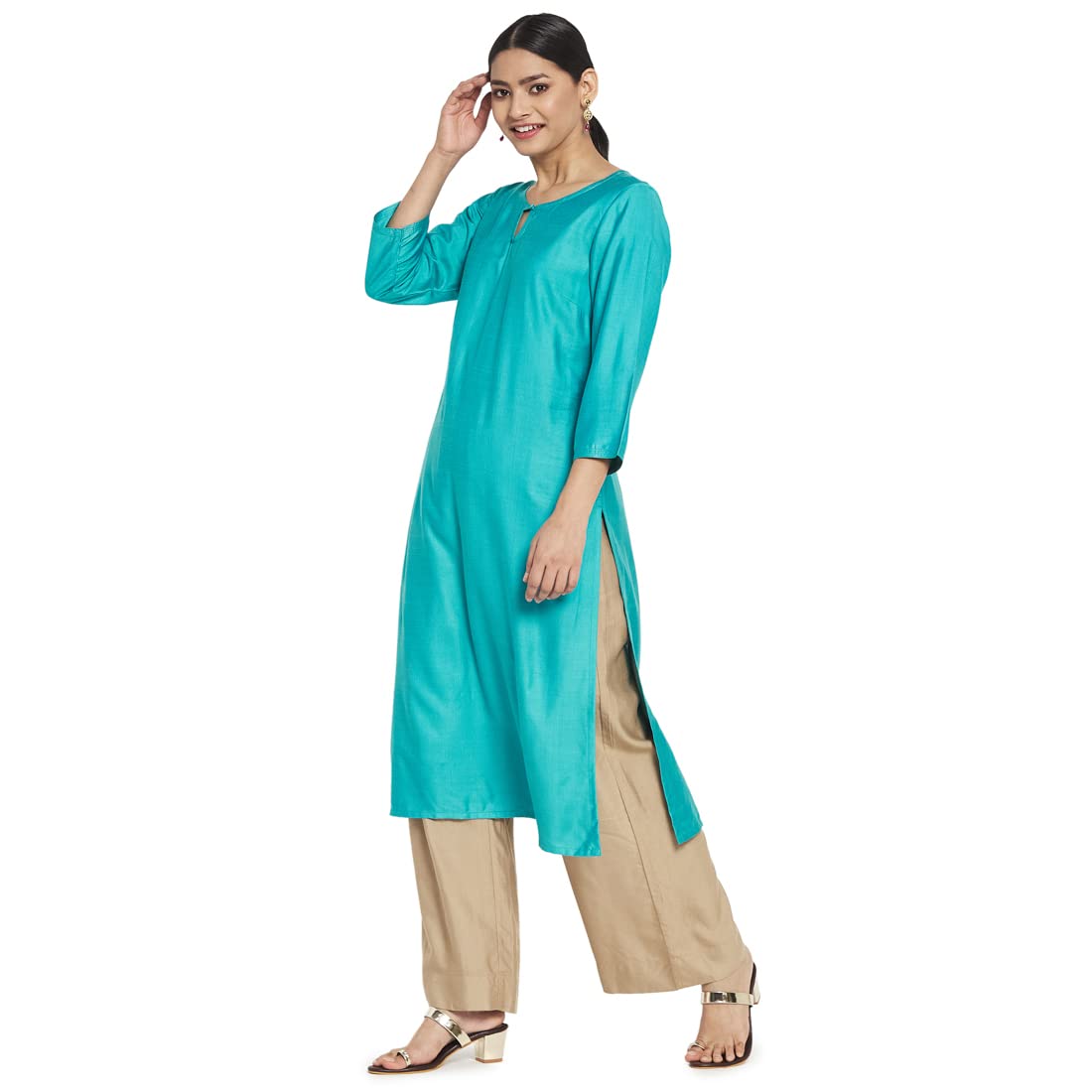 Fabindia Women Viscose Silk Long Kurta Turquoise