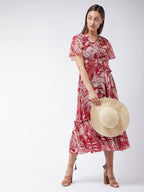 SMOWKLY Womens Floral Printed Georgette Midi Dress || Half Sleeve Fit & Flared Hem || A-Line Knee Length Gown Casual Wear (1683