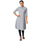 Aurelia WomenS Cotton Solid Regular Blue Stripe Print Shirt Collar Kurta (23Fea13438-704099