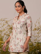 Libas Beige Printed A-Line Silk Blend Kurtis