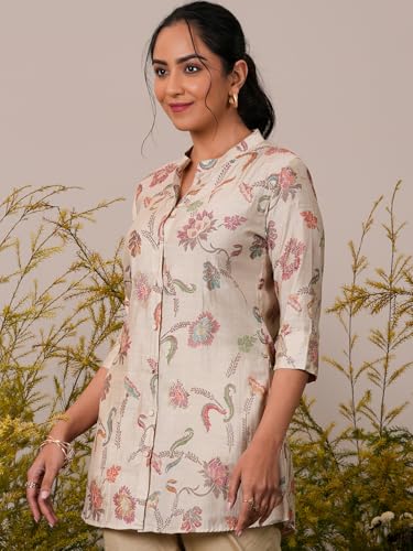 Libas Beige Printed A-Line Silk Blend Kurtis