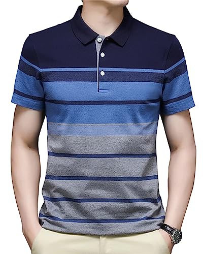 EYEBOGLER Mens Designer Half Sleeves Polo Neck Striped T-Shirt Blue