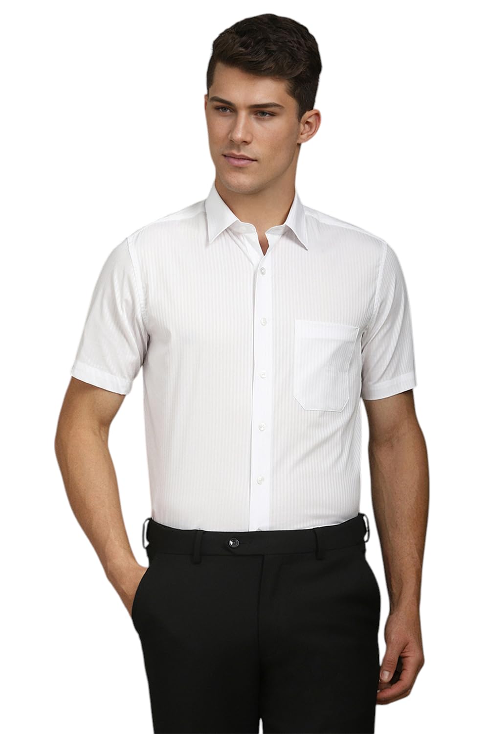 Louis Philippe Men White Slim Fit Textured Half Sleeves Formal Shirt