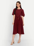 Kuduzo WomenS Crepe Midi Dress With Plated Style Round Neck Half Ruffle Sleeves Below Knee Length Solid Pattern And Regular Fit