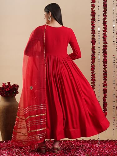 ANNI DESIGNER Womens Rayon Blend Anarkali Solid Kurta with Pant & Dupatta (JAYNTI RED-VKS01_L_Red_Large)