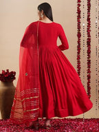 ANNI DESIGNER Womens Rayon Blend Anarkali Solid Kurta with Pant & Dupatta (JAYNTI RED-VKS01_M_Red_Medium)