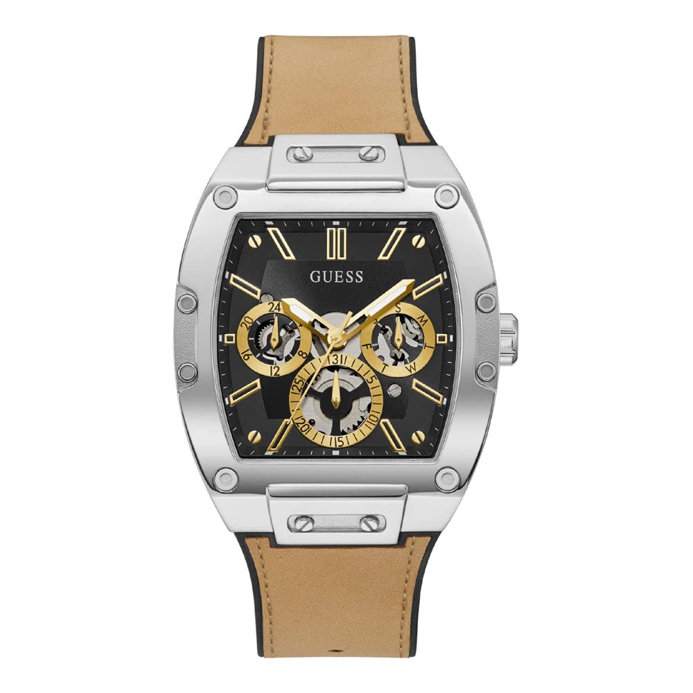 GUESS Mens Casual Multifunction 43mm Watch - Coffee Stainless Steel Case with Blue Diamond Dial & Brown Croco Leather Strap