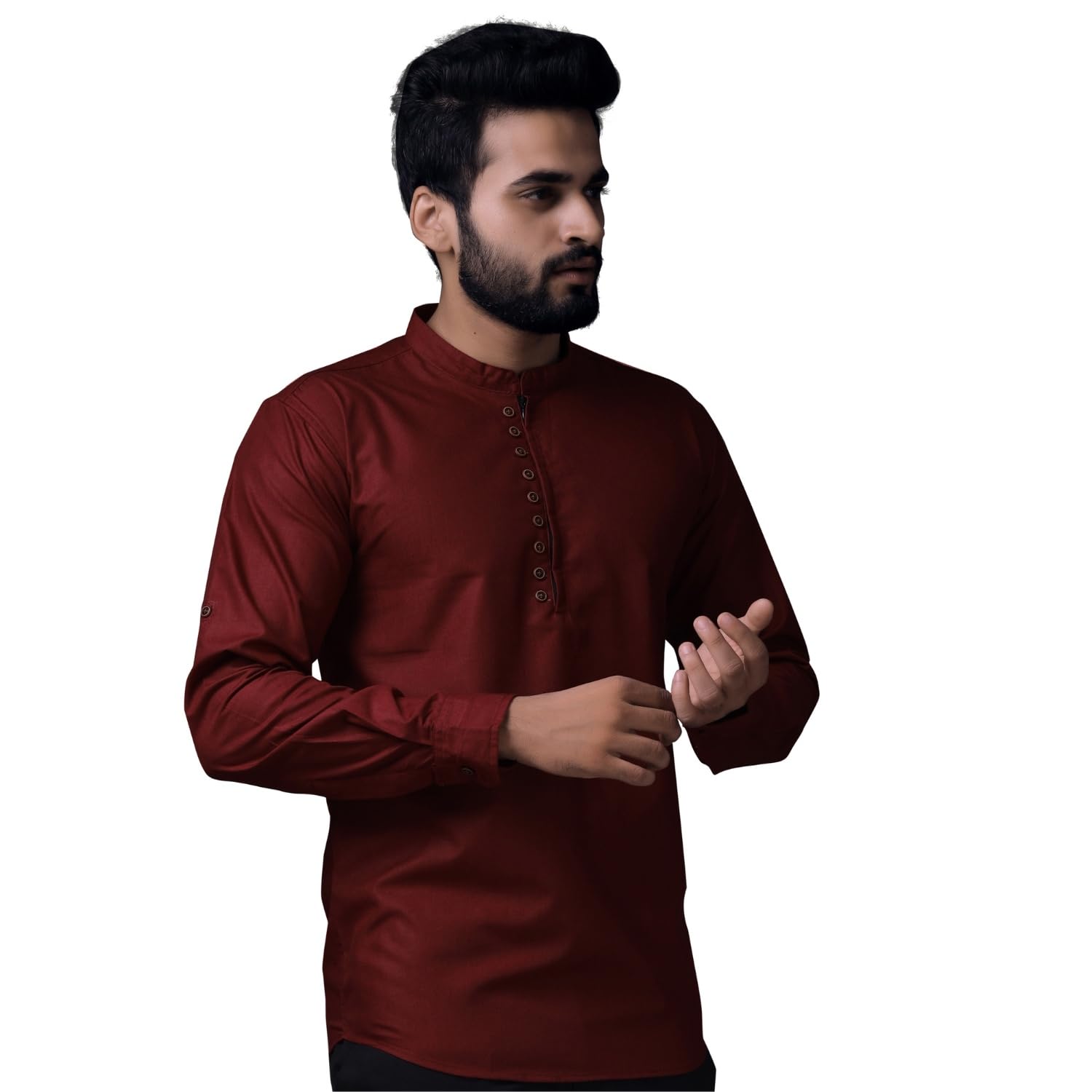Diverse Men'S Maroon Cotton Classy Collar Kurta Neck Long Sleeve Solid Regular Fit Casual Shirt | Fancy Kurta Style Cotton Shirt